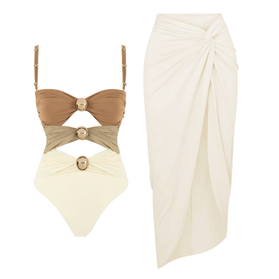One-piece With Round Buckle Decoration Hollow Out Stitching Bikini Swimsuit Suit