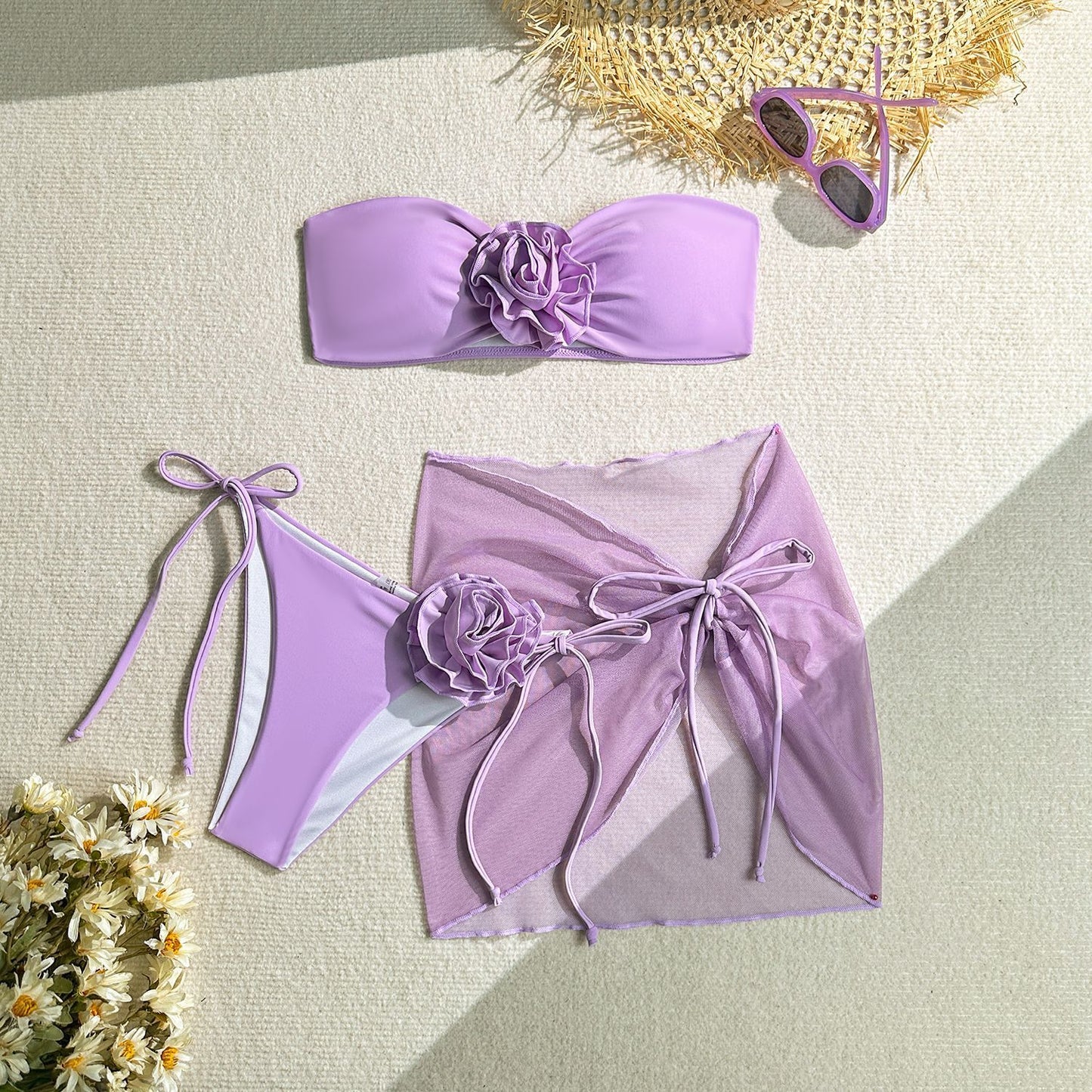 Tube Top With Flower Tied Swimsuit Bikini