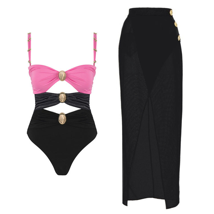 One-piece With Round Buckle Decoration Hollow Out Stitching Bikini Swimsuit Suit