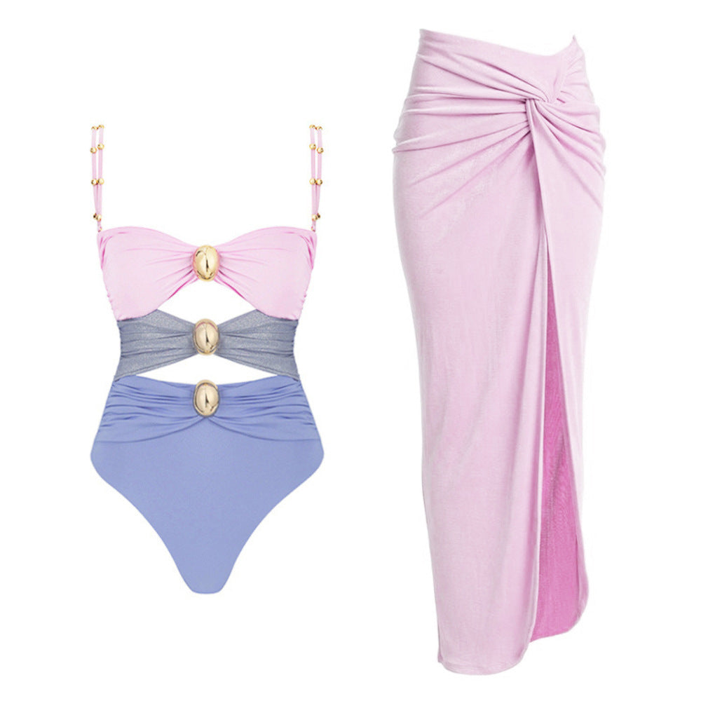 One-piece With Round Buckle Decoration Hollow Out Stitching Bikini Swimsuit Suit