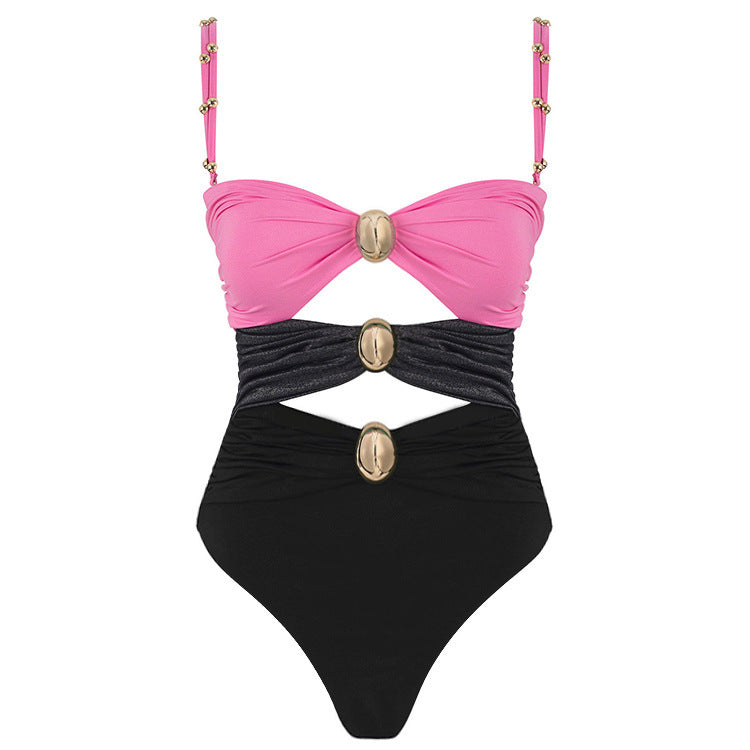 One-piece With Round Buckle Decoration Hollow Out Stitching Bikini Swimsuit Suit