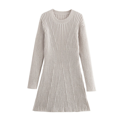 Ribbed Knitted Fall And Winter Slim-fit Collar A-line Dresses