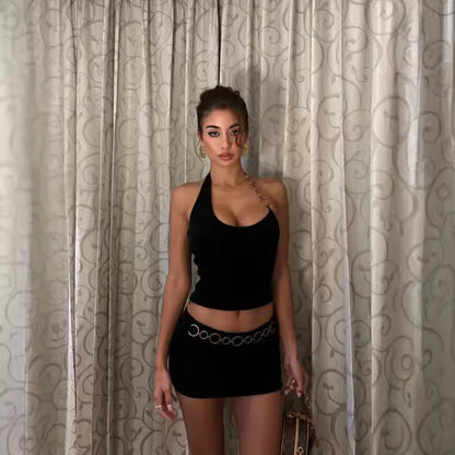 Chain Halter Top & Ultra-Short Skirt Set