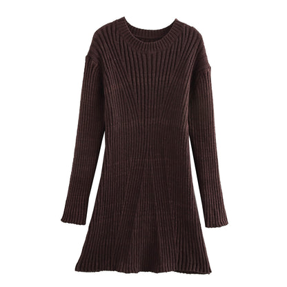 Ribbed Knitted Fall And Winter Slim-fit Collar A-line Dresses