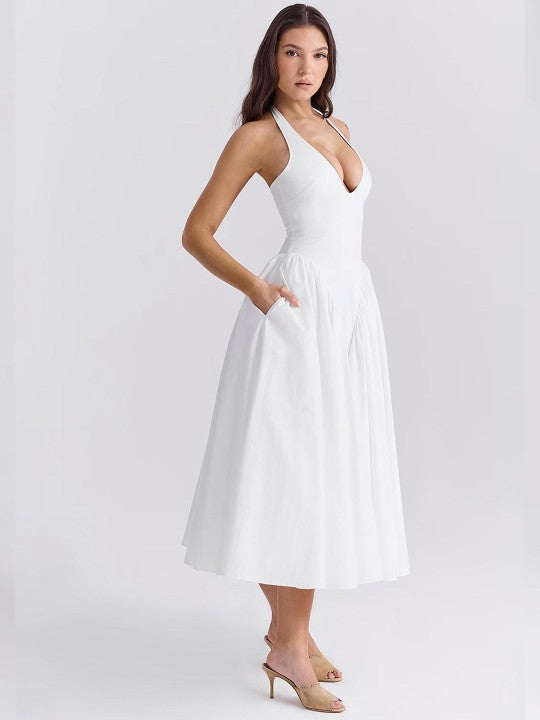 Hepburn-Style Halter V-Neck Sleeveless Midi Dress