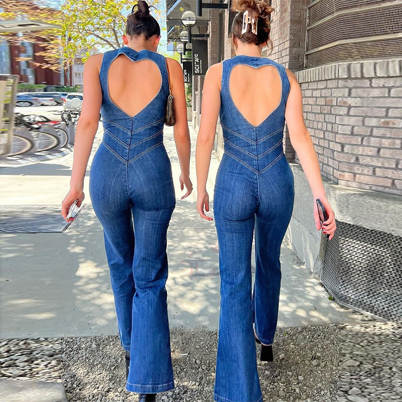 Denim Jumpsuit with Heart Cut-Out on Back