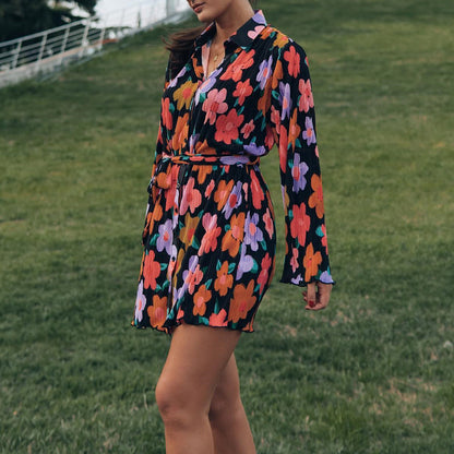 Flower Print and Plan Lace-up Long Sleeve Dress