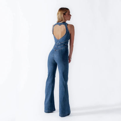 Denim Jumpsuit with Heart Cut-Out on Back