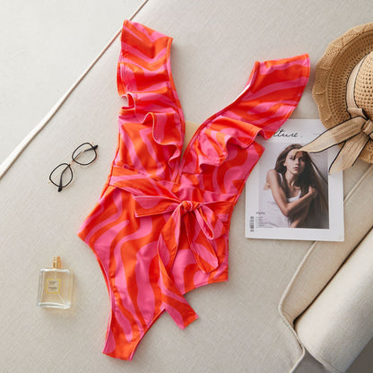 Ruffled V Mesh Stitching One-piece Swimsuit