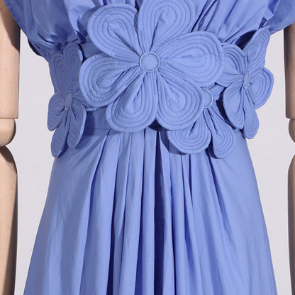 Lace-up Pleating Flower High Waist Dress