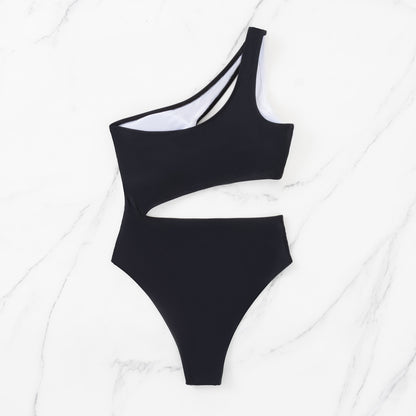 Black And White Contrast Hollow Bikini Swimsuit