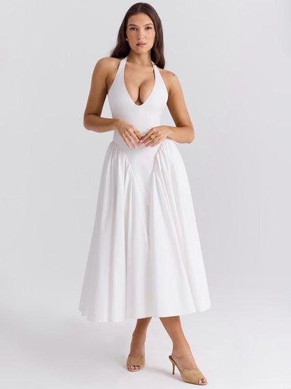 Hepburn-Style Halter V-Neck Sleeveless Midi Dress