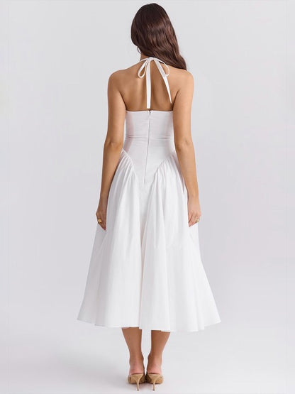 Hepburn-Style Halter V-Neck Sleeveless Midi Dress